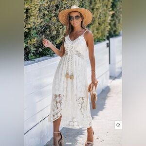 New White Beach Boho Midi V-Neck Casual Sling Lace Summer Dress size S